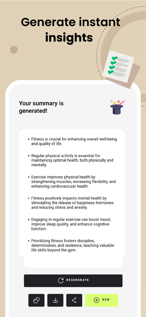 AI Summary: Text & Image - Una captura de pantalla de la interfaz de la aplicación AI Summary mostrando una lista generada de puntos clave sobre fitness y ejercicio.