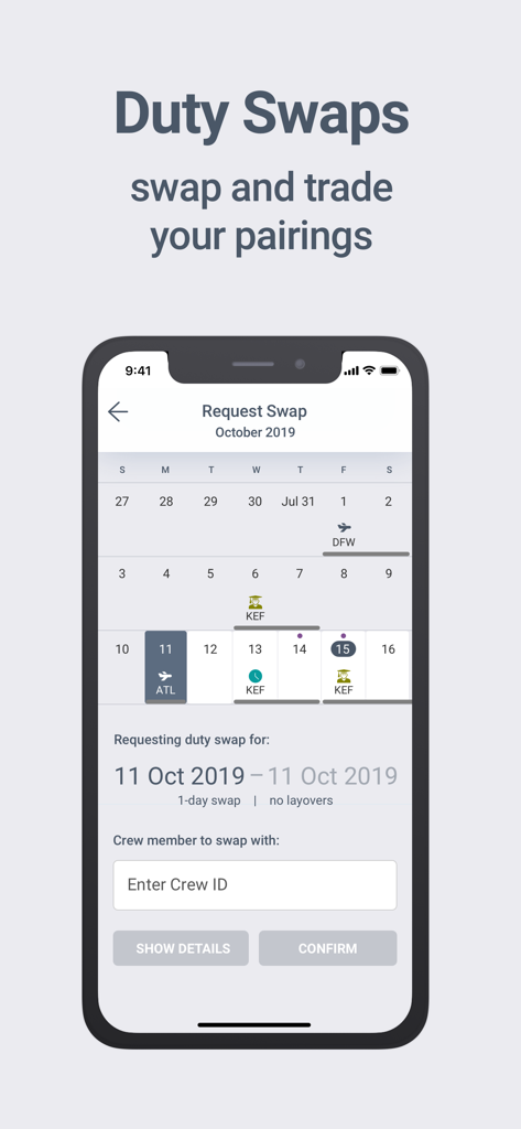 CAE Crew Access Mobile app screen for airline crew members to swap and trade duty pairings