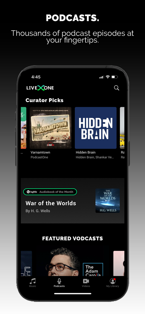 LiveOne Music - LiveOne Music app screen displaying curated podcasts and featured audiobooks.