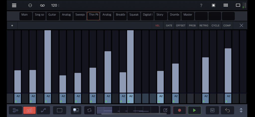 Drambo App-Sequenzer-Oberfläche, die Noten-Velocity-Pegel anzeigt.