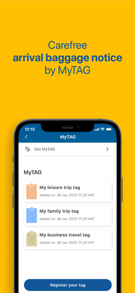 My HKG app interface showing MyTAG baggage tracking for leisure family and business travel
