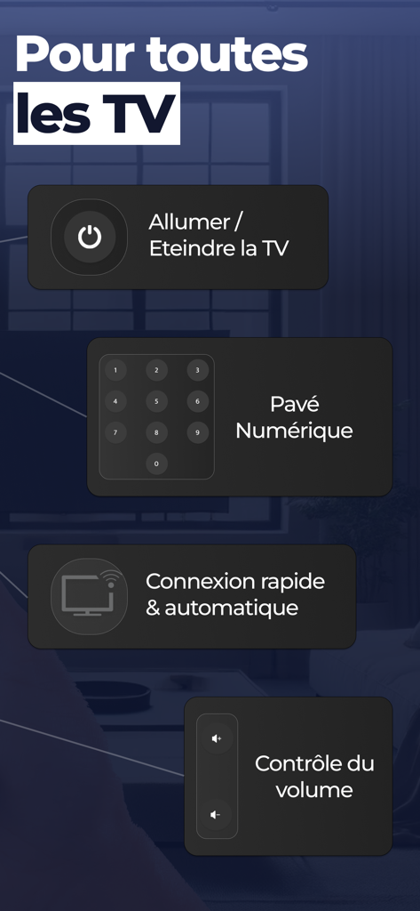 TélécBox : télécommande box tv - Interface of the TelecBox app showing universal remote features like power control and number pad