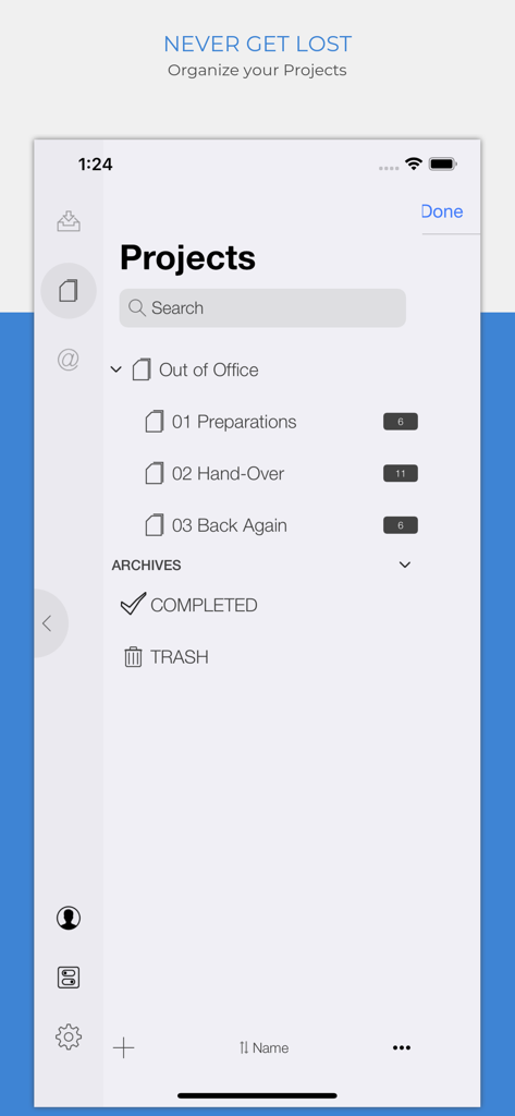 Organize Meアプリのモバイルインターフェースが、カテゴリ分けされたサブプロジェクトとタスク数を示すプロジェクト画面を表示しています。