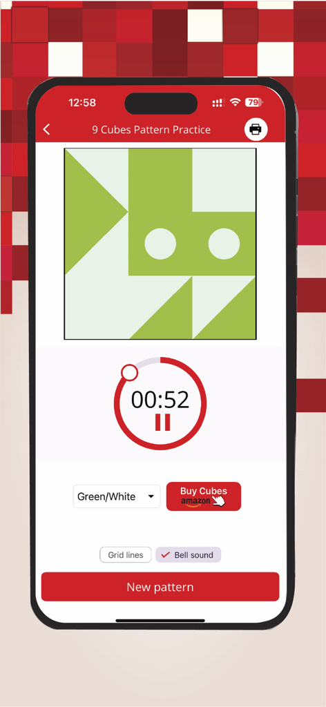 Block Design Test Practice - Mobile app interface showing a 9-cube green and white geometric pattern with a countdown timer for spatial reasoning practice.