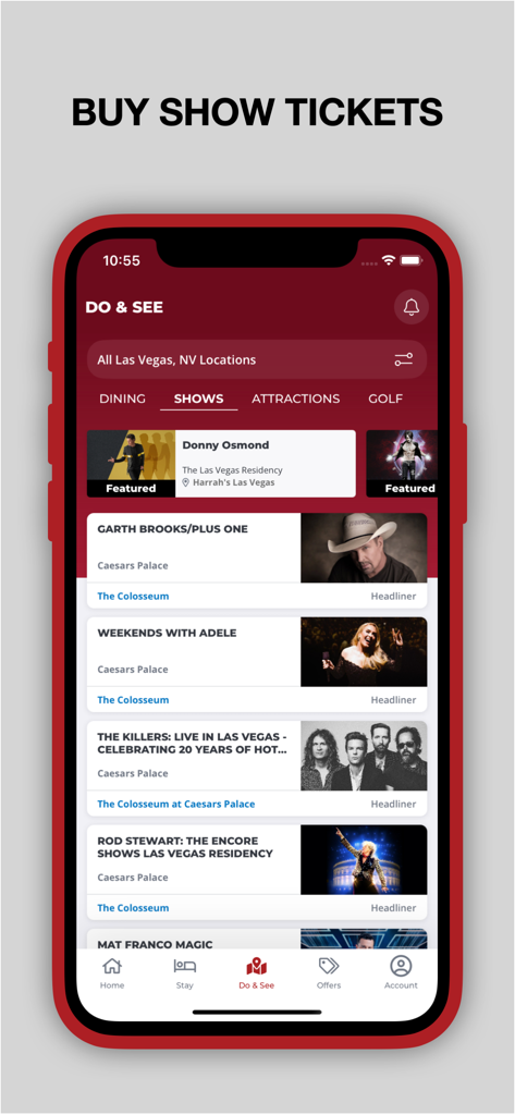 Caesars Rewards Resort Offers - Interface de l'application Caesars Rewards affichant les billets de spectacles disponibles à Las Vegas, y compris ceux d'artistes de renom comme Adele et Garth Brooks.