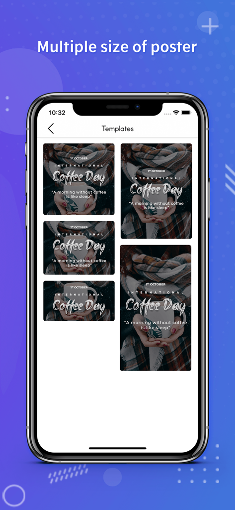 国際コーヒーデーのさまざまなサイズのテンプレートを表示するポスターメーカーアプリの画面