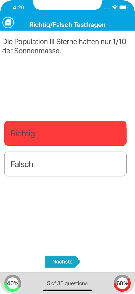 Die Astronomie Quiz - Wahr-oder-Falsch-Fragebildschirm der Die Astronomie Quiz Mobile App.