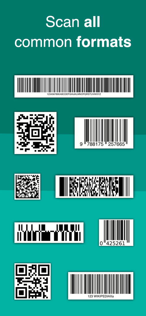 Un display che mostra i vari formati di codici QR e codici a barre che l'app può scansionare.