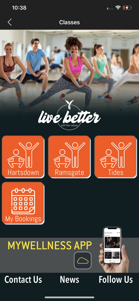 Live Better - Live Better app home screen showing location options for Hartsdown Ramsgate and Tides fitness classes and a booking management section