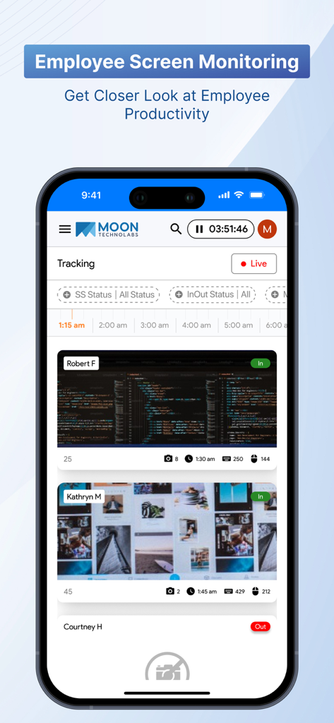 Moon HRM: HR & Employee Portal - Interfaz de la aplicación Moon HRM que muestra la monitorización de pantalla en vivo del empleado y el panel de seguimiento de productividad