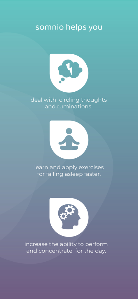 끝없는 생각에 대한 도움, 더 빨리 잠들기 위한 운동, 낮 시간 집중력 향상을 포함한 somnio 앱의 이점 목록.