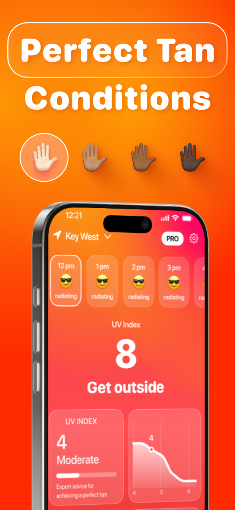 Beam Tanning - Get Tan Fast - Beam Tanning app interface showing UV index forecast and tanning conditions