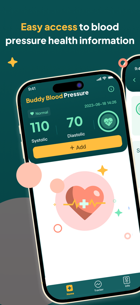 Buddy Blood Pressure(Track BP) - Buddy Blood Pressure mobile app interface showing a normal blood pressure reading of 110 over 70