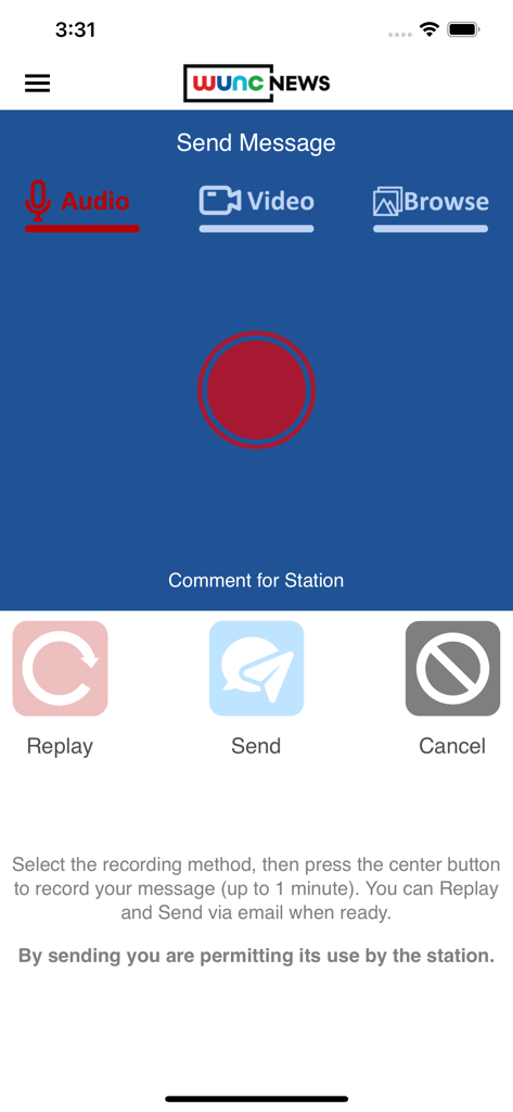WUNC - WUNC News app interface for recording and sending audio comments to the station