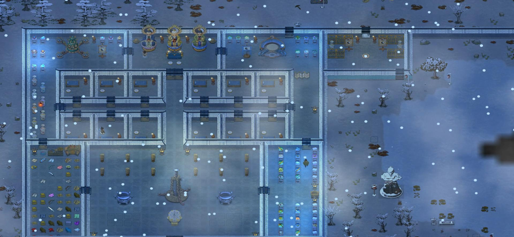 Top-down god-view of a complex sect base layout during winter in Amazing Cultivation Simulator