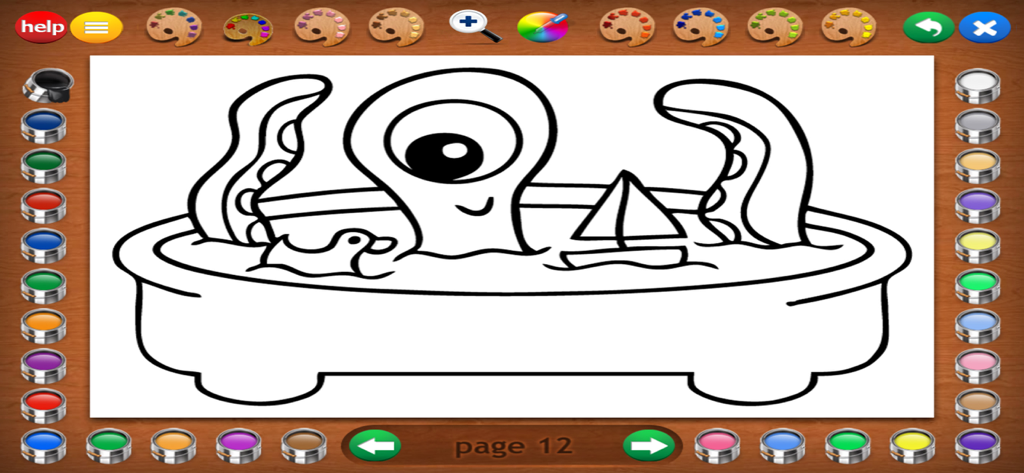 A friendly cyclops monster in a bathtub with a rubber duck and a toy sailboat coloring page for kids