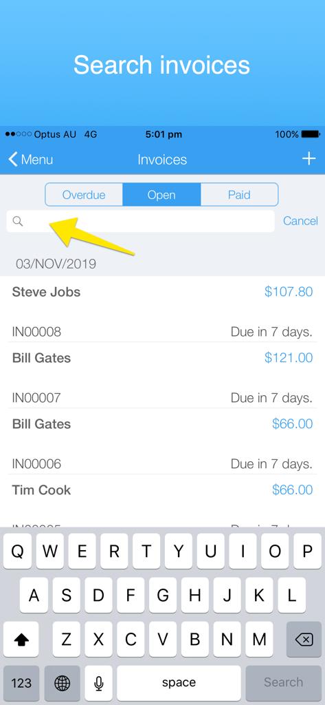A mobile screen showing the search feature for open invoices with a list of clients and a search bar.
