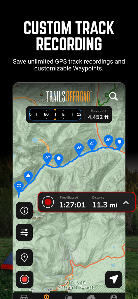 Trails Offroad: Offline Maps - Smartphone screen showing the custom GPS track recording feature on a topographic map for off-roading