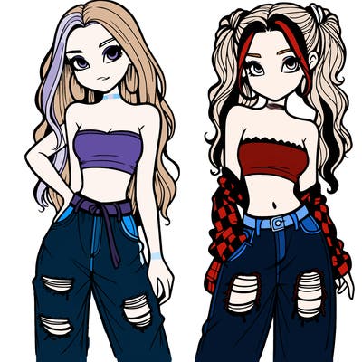 2 girls in crop tops and baggy jeans ripped