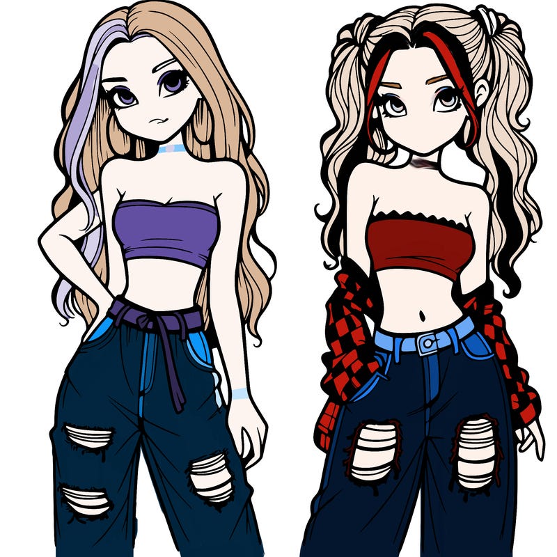 2 girls in crop tops and baggy jeans ripped