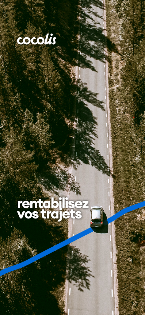 Aerial view of a car driving through a forest road with Cocolis logo and French text rentabilisez vos trajets