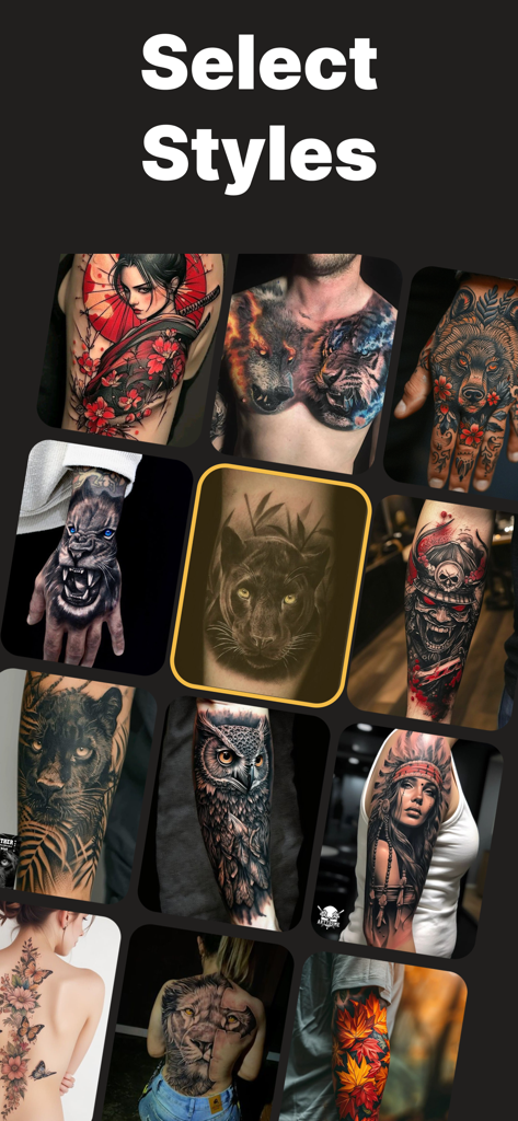 AI Tattoo Design Generator－Ink - Una galería de diversos diseños de tatuajes que muestran diferentes estilos artísticos para la selección del usuario