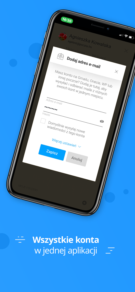 A smartphone screen displaying the Poczta Interia app with a popup window to add multiple email accounts like Gmail or Onet.
