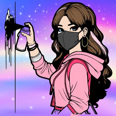 realistic girl with mask spray painting a wall