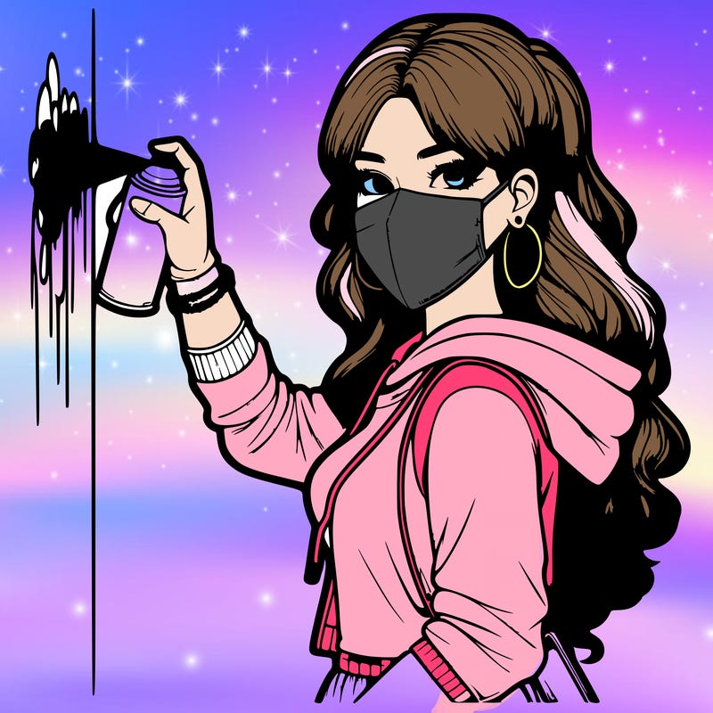 realistic girl with mask spray painting a wall