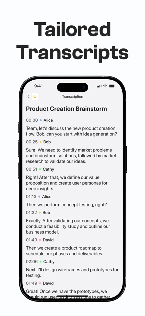 Interface de l'application Notee montrant une transcription de réunion avec les étiquettes des locuteurs et les horodatages
