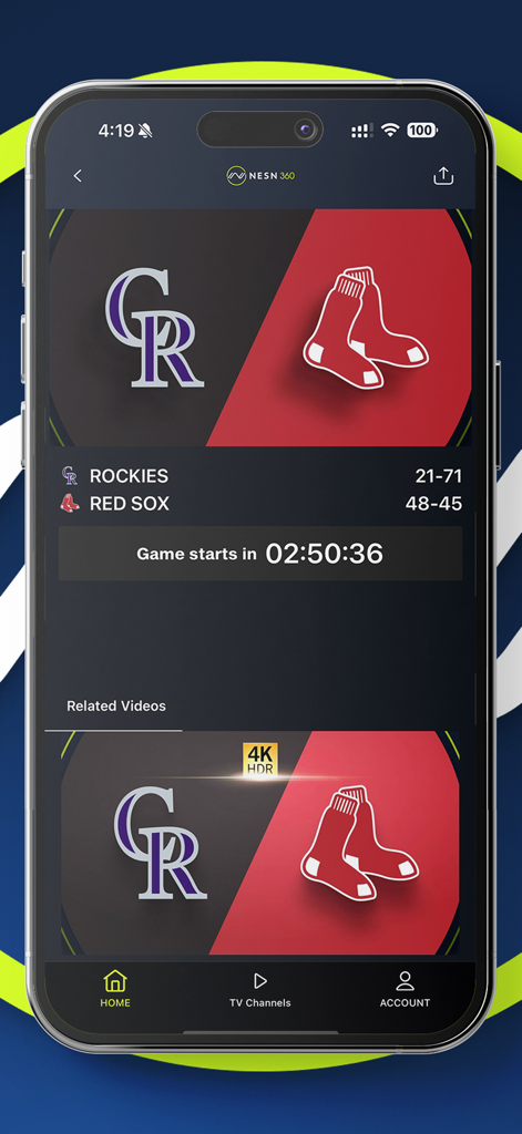NESN 360 app interface showing a Boston Red Sox vs Colorado Rockies game countdown and 4K HDR streaming options