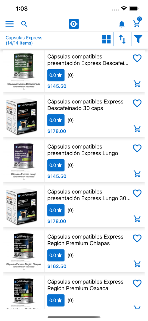 Una lista de productos en la app Cafe Punta del Cielo que muestra varias opciones de cápsulas de café con precios y calificaciones.