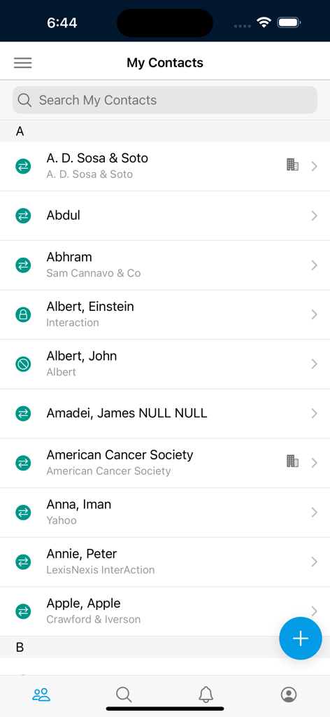 InterAction+ mobile app screen showing a list of professional contacts with a search bar and navigation menu
