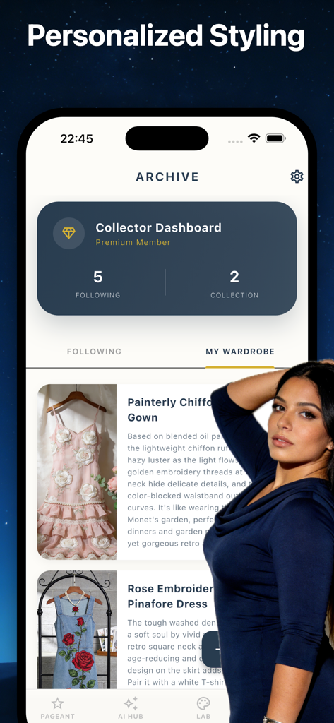 Myrid：Soul Style&Chat - Écran d'archive de l'application Myrid montrant un tableau de bord de collectionneur premium et une garde-robe personnalisée avec des robes de soirée.