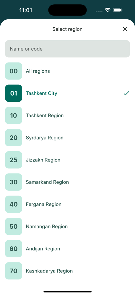 Avtoraqam - Pantalla de selección de regiones de Uzbekistán en la aplicación de subastas de matrículas Avtoraqam.