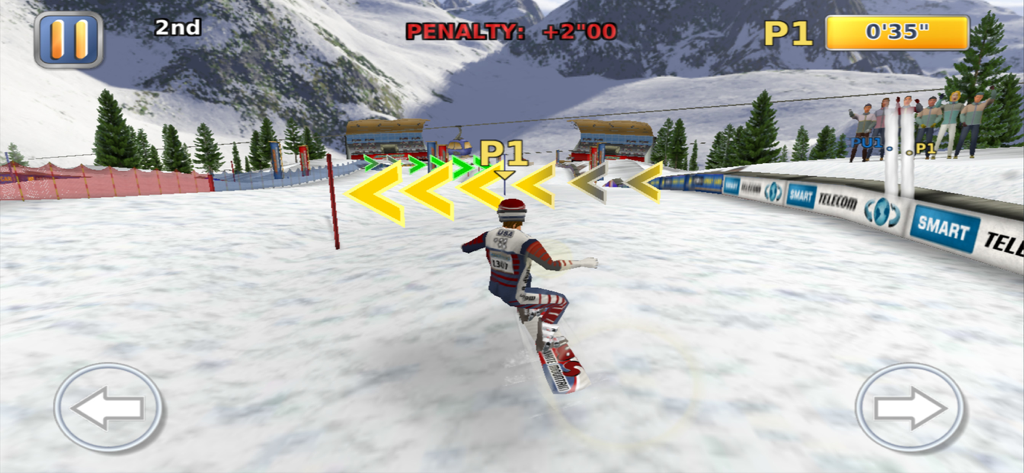A 3D snowboarding event in Athletics 2 Winter Sports Pro featuring a Team USA athlete navigating a snowy mountain course with directional arrows and game UI.
