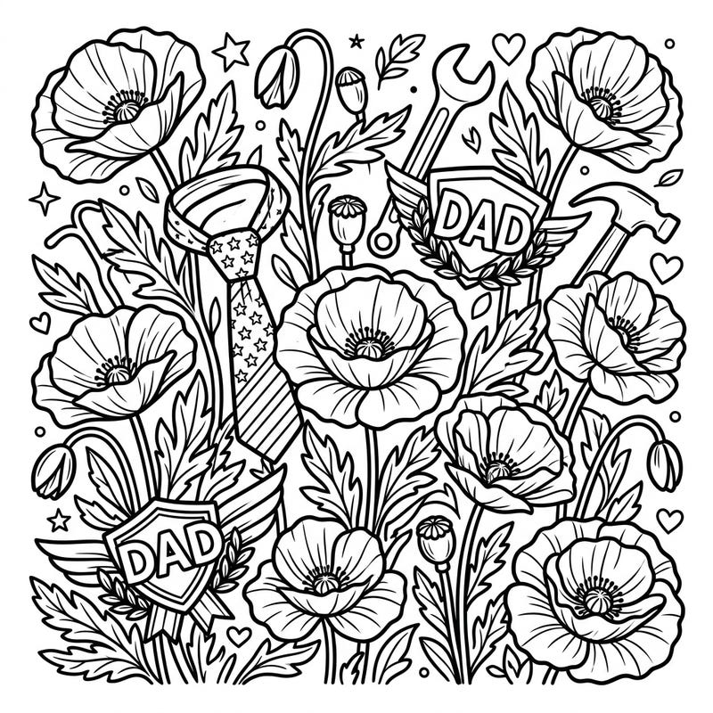 Honor your dad with this beautiful Pink Poppies and Father's Day coloring page. It's a thoughtful way to express your love through art.