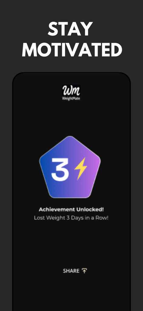 BMI Calculator - WeightMate - A mobile screen from WeightMate displaying a three day weight loss achievement badge to stay motivated.