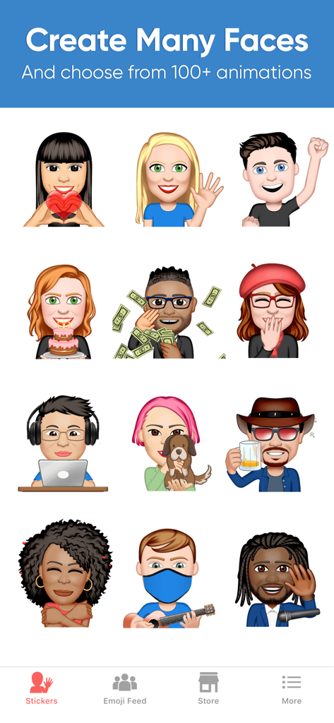 Emoji Me Sticker Maker - A grid of diverse custom animated avatars and stickers from the Emoji Me app