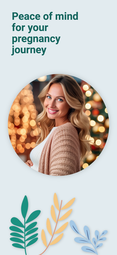 Pregnancy Food Checker & Guide - A smiling pregnant woman featured on a splash screen titled Peace of mind for your pregnancy journey