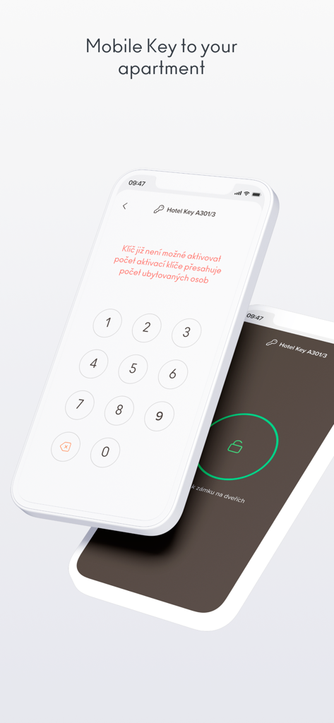 Aplicación móvil Aldrov Resort que muestra una llave digital y un teclado numérico para acceder al apartamento