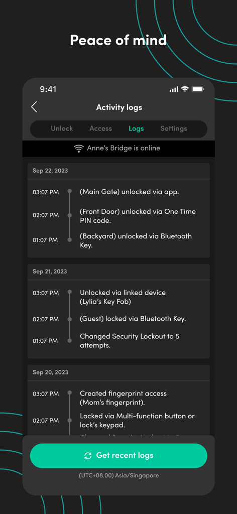 igloohome - PINおよびBluetoothによる解錠を含む、物件のアクセスイベント履歴を表示するigloohomeアプリのアクティビティログのスクリーンショット
