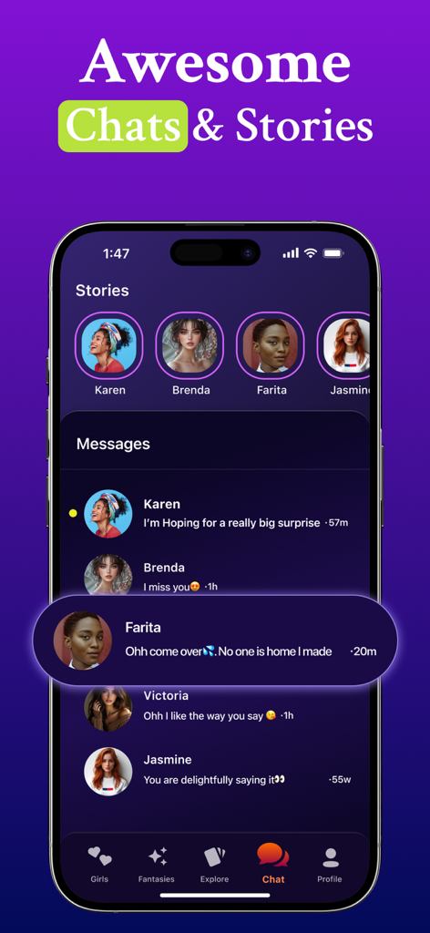 AI Girlfriend - AI GF Chat 18+ - KI-Freundin-App-Oberfläche, die eine Liste von Chat-Nachrichten von virtuellen Charakteren anzeigt