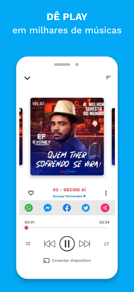 Sua Música: Ouvir e Baixar - Interfaccia del lettore musicale dell'app Sua Musica che mostra una canzone di Evoney Fernandes con pulsanti di condivisione social e controlli di riproduzione