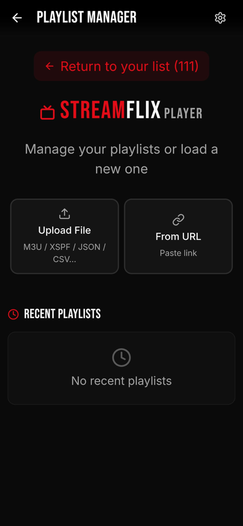 StreamFlix IPTV - Schermata di gestione playlist nell'app StreamFlix IPTV che mostra opzioni per aggiungere contenuti tramite caricamento file o URL.