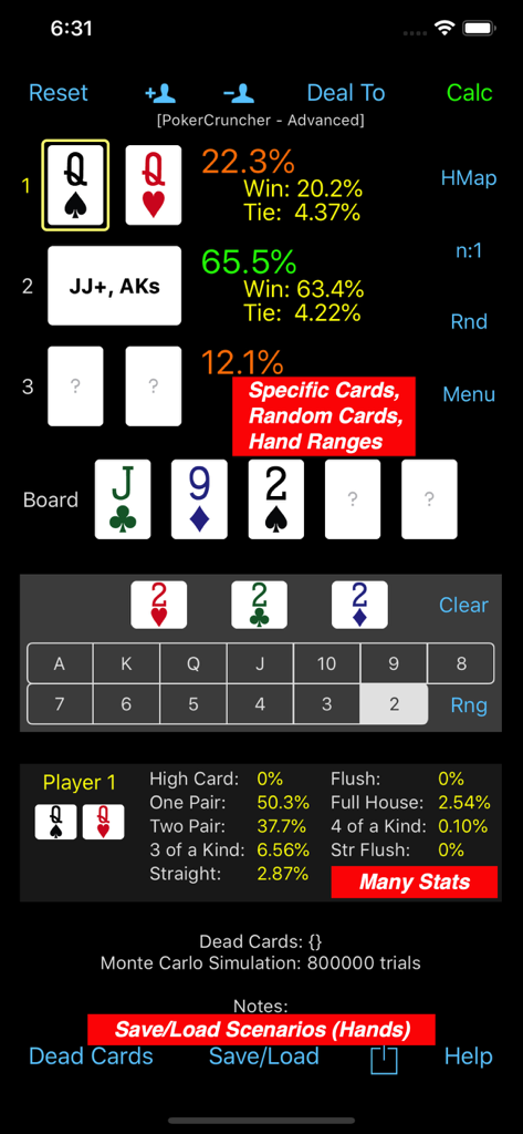 PokerCruncher app interface showing advanced Texas Holdem odds and hand range equity analysis