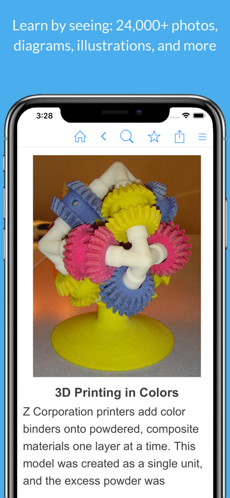 Smartphone-Bildschirm mit einem Enzyklopädie-Artikel über farbigen 3D-Druck mit einem bunten Zahnradmodell.