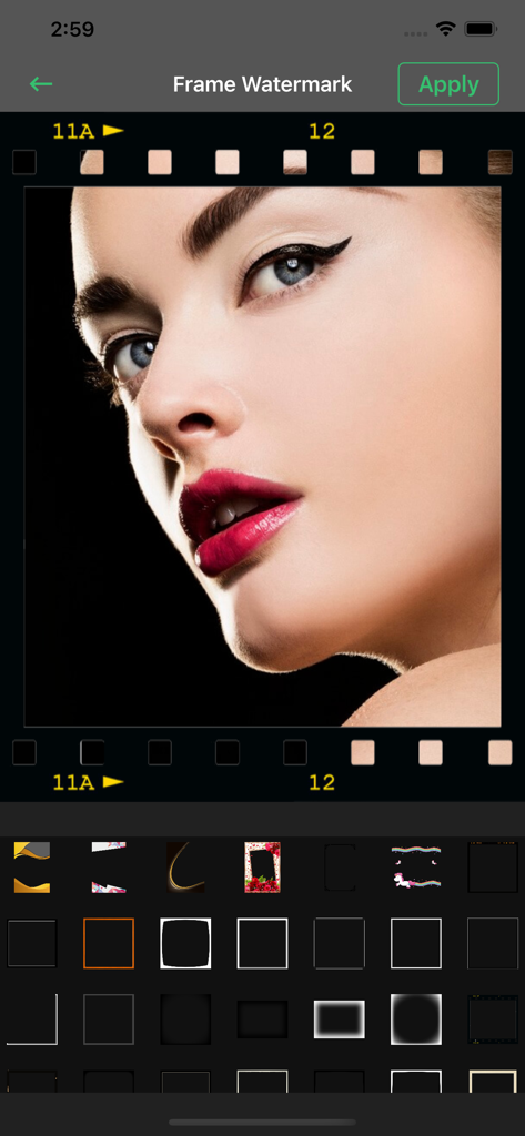 User interface of the Watermark on Photos app showing a film strip frame being applied to a portrait photo