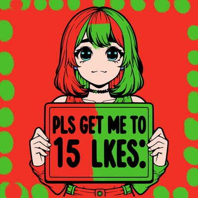 realistic girl holding up a sign that says “pls get me to 15 likes!”