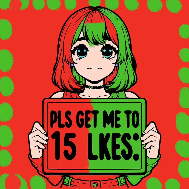 realistic girl holding up a sign that says “pls get me to 15 likes!”